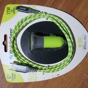 NIB i-phone "MobileSpec" 4 ft lightning to USB green 2 port car charger …